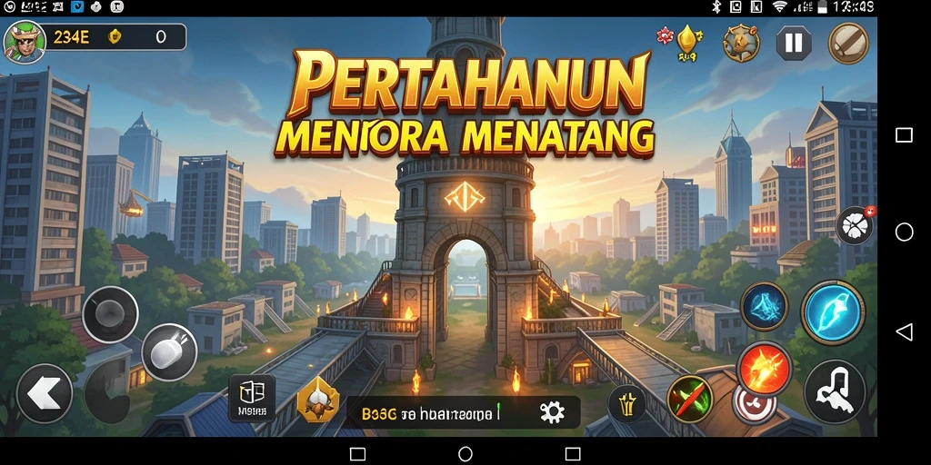 Tampilan menara dan musuh dalam game Tower Defense 234E.
