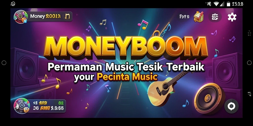 Tampilan gameplay MONEYBOOM dengan alat musik virtual yang interaktif.