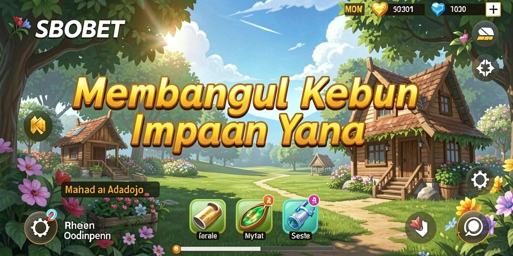 Tampilan gameplay <strong>SBOBET</strong> yang menampilkan taman hijau subur dan aktivitas pertanian.