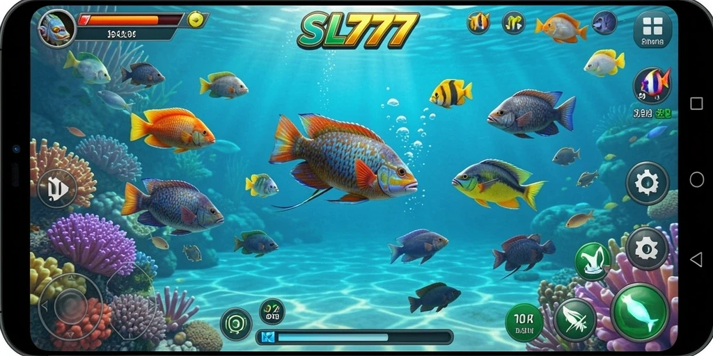 Tampilan gameplay SL777 yang menarik dengan aksi menembak ikan.