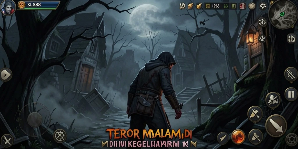 Screenshot gameplay SL888 menampilkan adegan menakutkan di lorong gelap.