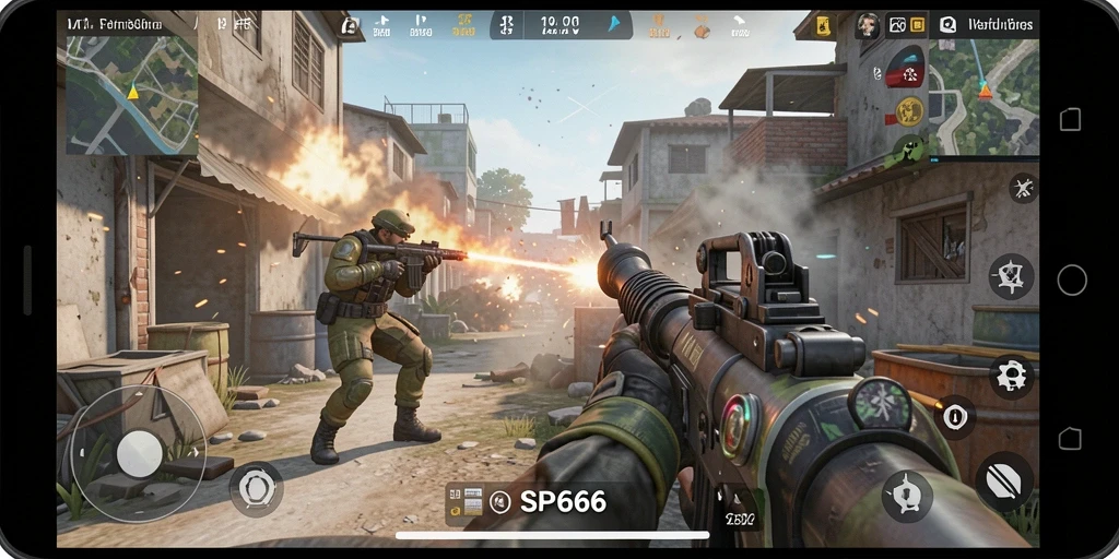 Tampilan gameplay menegangkan di SP666, penuh aksi FPS.