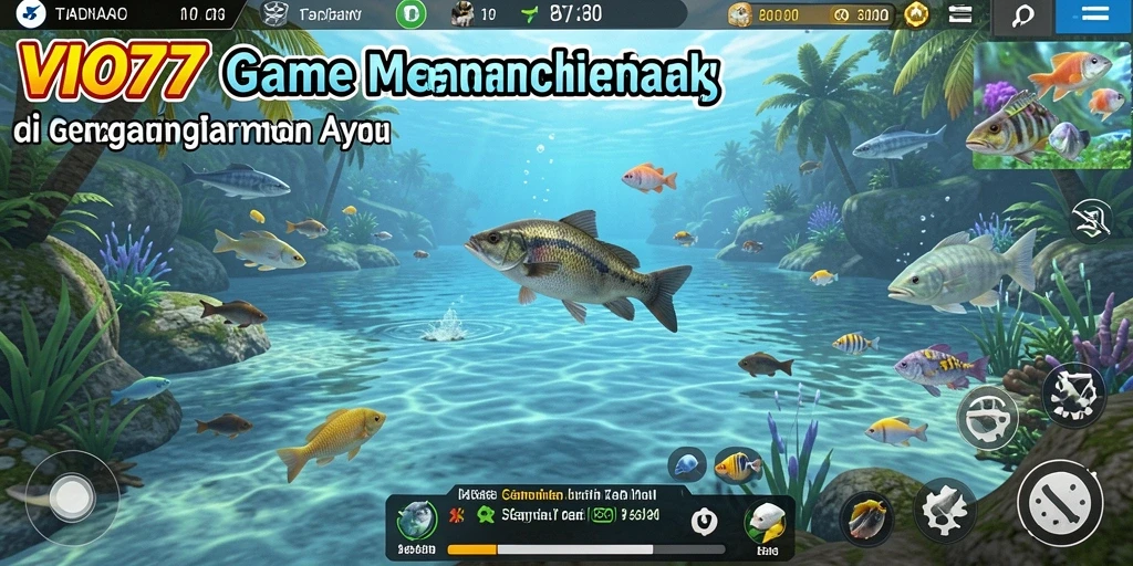 Screenshot gameplay VIO77 menampilkan aksi seru memancing di lokasi yang indah.
